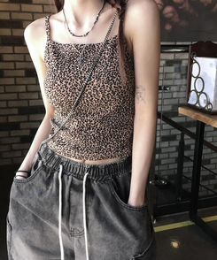 ノースリーブ レオパードクロップキャミソール BROWN