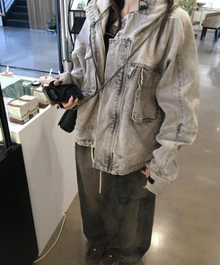 ジャケット スタンフードデニムジャケット GREY