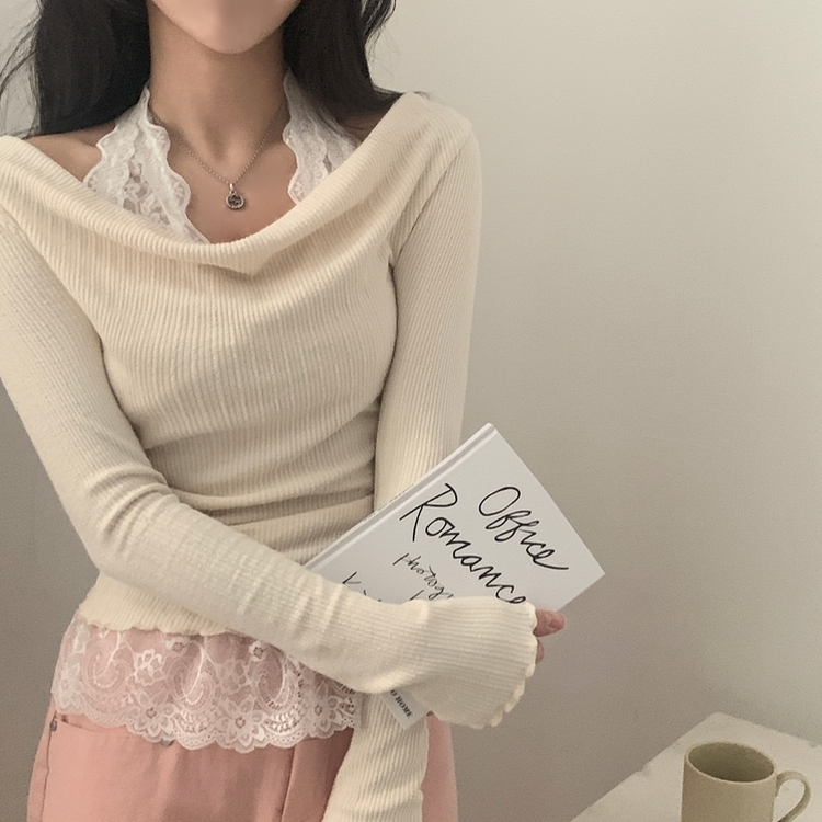 レースシャーリングドレープ長袖Tシャツ CREAM IVORY