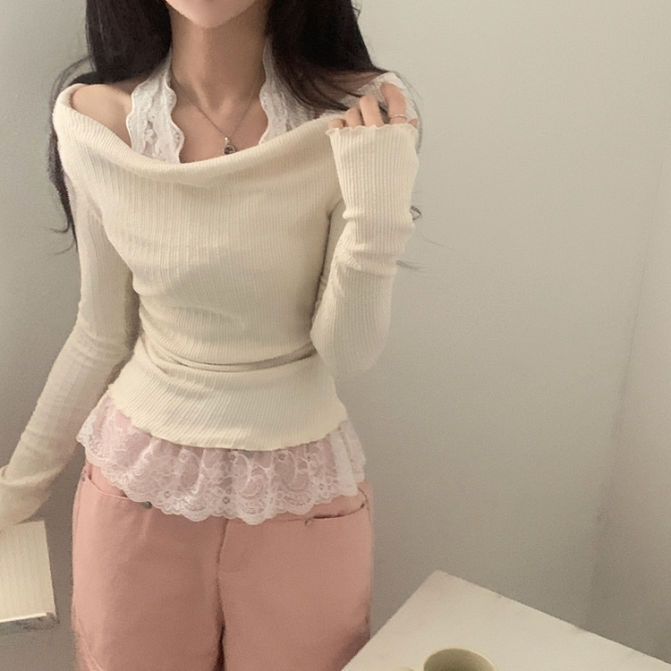 レースシャーリングドレープ長袖Tシャツ CREAM IVORY