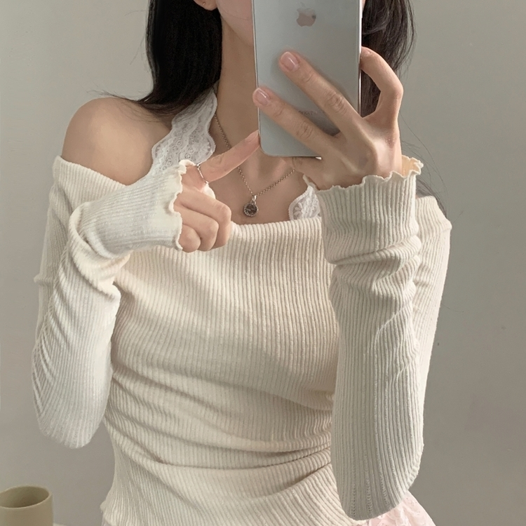 レースシャーリングドレープ長袖Tシャツ CREAM IVORY