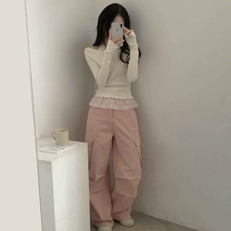 レースシャーリングドレープ長袖Tシャツ CREAM IVORY