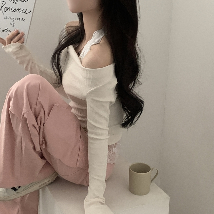 レースシャーリングドレープ長袖Tシャツ CREAM IVORY