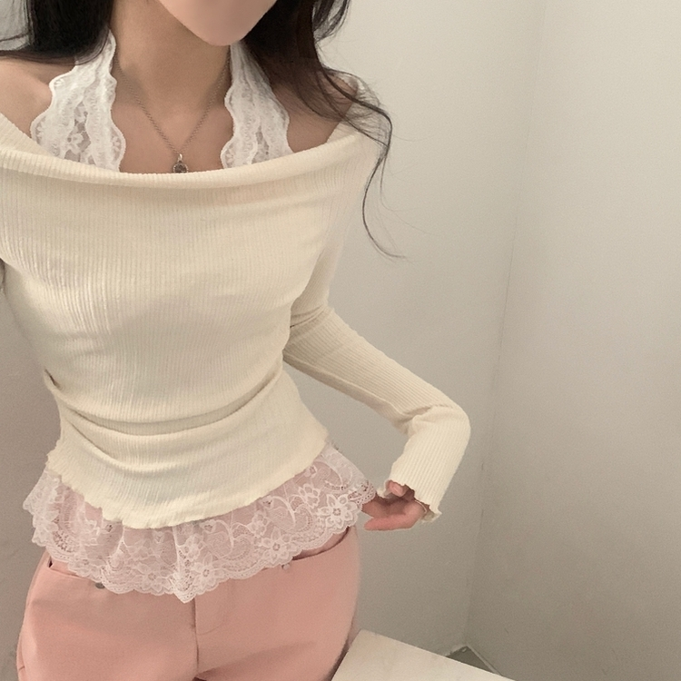 レースシャーリングドレープ長袖Tシャツ CREAM IVORY