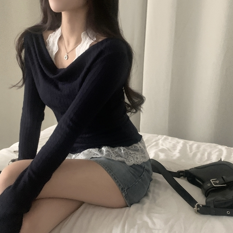 レースシャーリングドレープ長袖Tシャツ NAVY