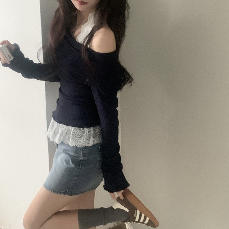レースシャーリングドレープ長袖Tシャツ NAVY
