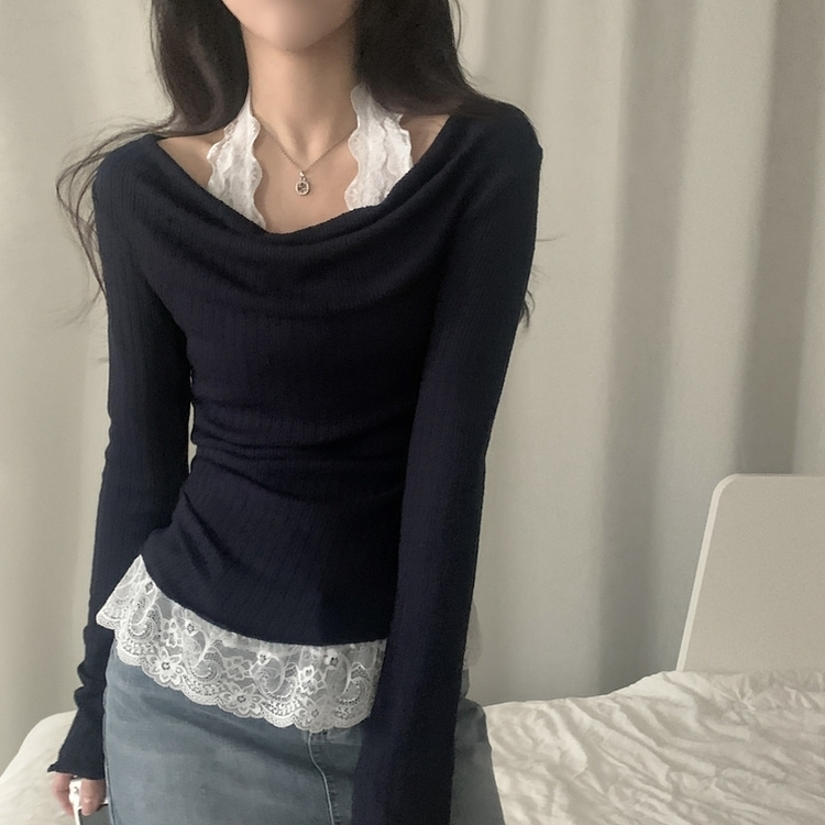 レースシャーリングドレープ長袖Tシャツ NAVY