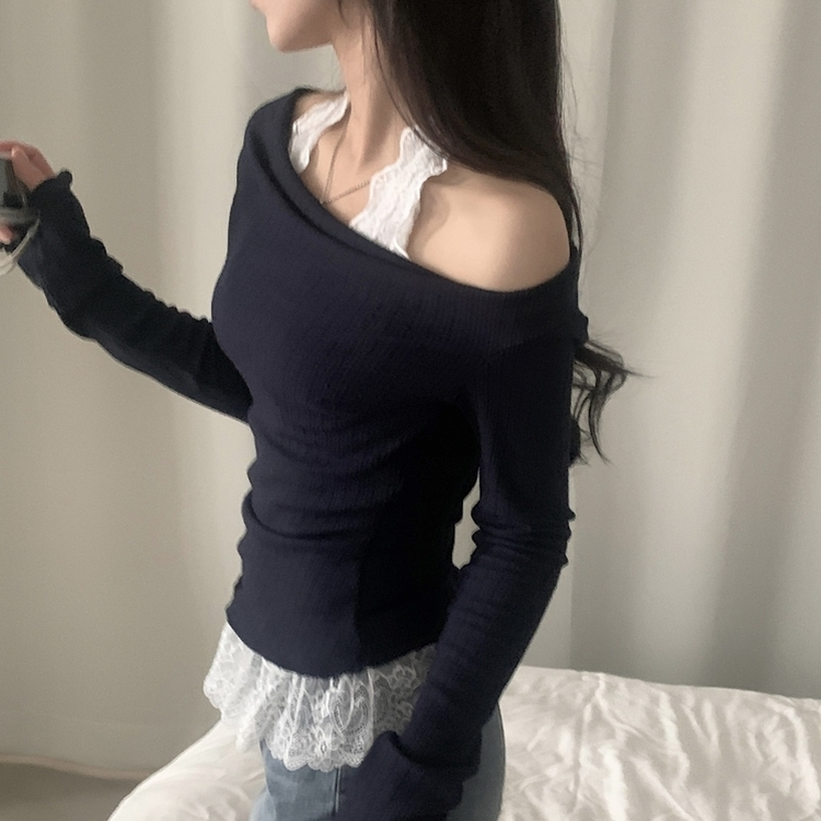 レースシャーリングドレープ長袖Tシャツ NAVY