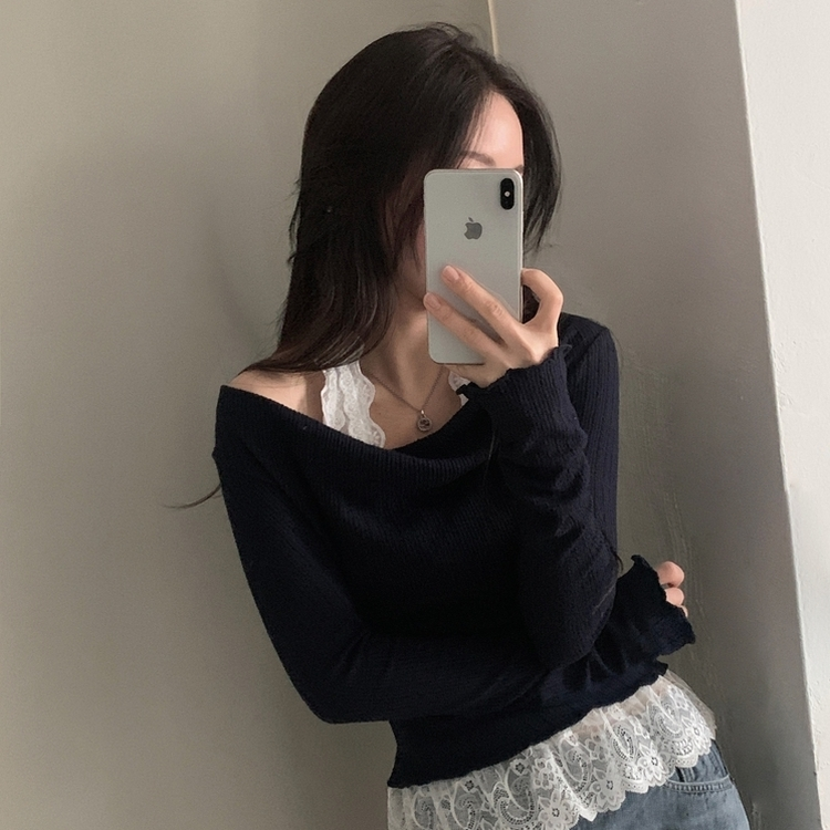 レースシャーリングドレープ長袖Tシャツ NAVY