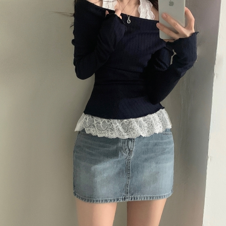 レースシャーリングドレープ長袖Tシャツ NAVY