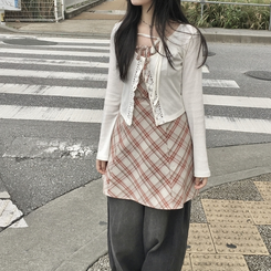 ミニワンピース リボンビンテージチェックキャミソール red