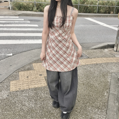ミニワンピース リボンビンテージチェックキャミソール red