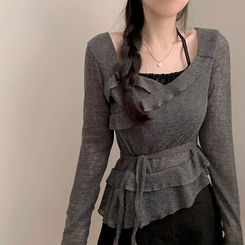 長袖Tシャツ ホルターフリルウエスト長袖Tシャツ GREY