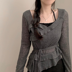 長袖Tシャツ ホルターフリルウエスト長袖Tシャツ GREY