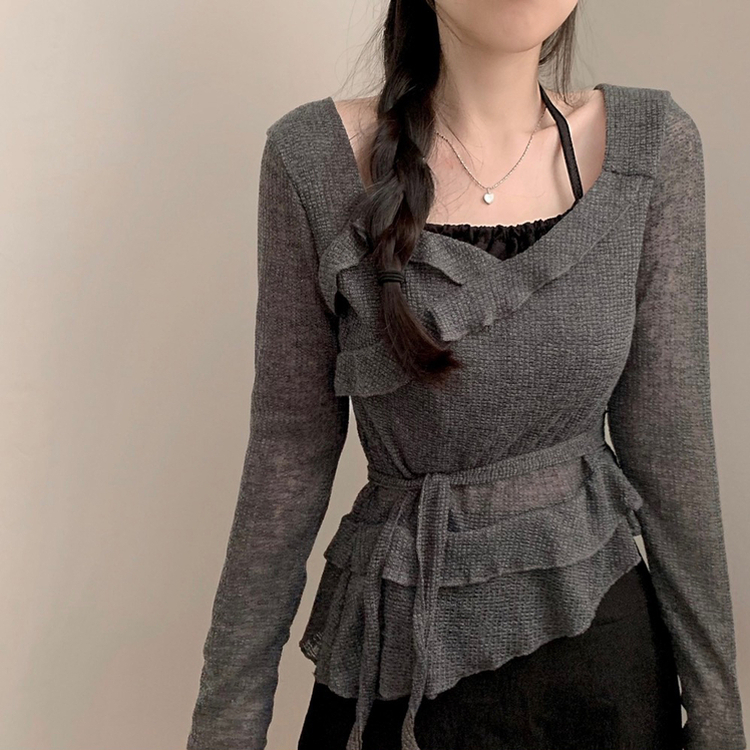 ホルターフリルウエスト長袖Tシャツ GREY