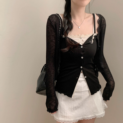カーディガン レースシースルークロップボレロカーディガン BLACK
