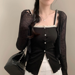 カーディガン レースシースルークロップボレロカーディガン BLACK