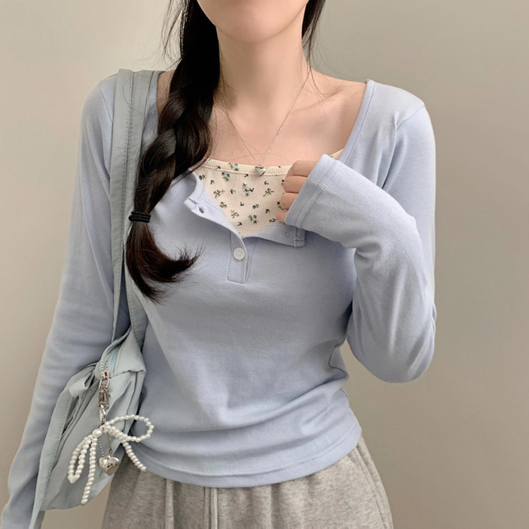 フラワーキャミソールレイヤード長袖Tシャツ SKY BLUE