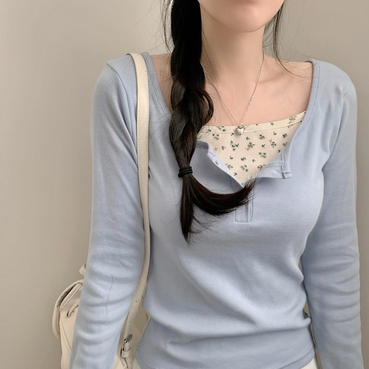 フラワーキャミソールレイヤード長袖Tシャツ SKY BLUE