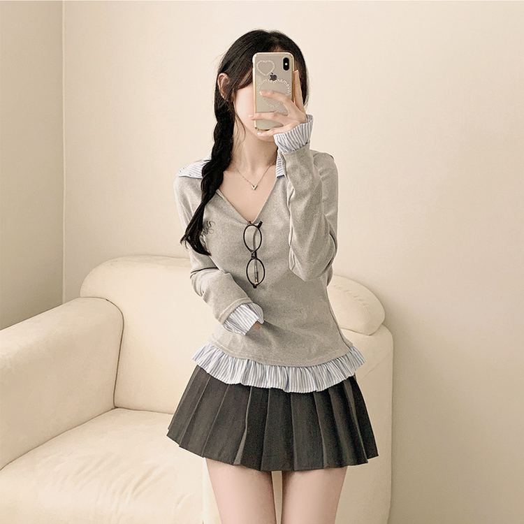 ストライプチェックシャツレイヤード長袖Tシャツ GREY