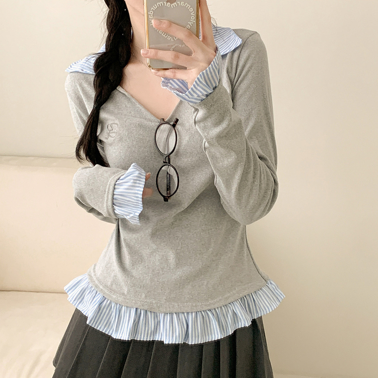 ストライプチェックシャツレイヤード長袖Tシャツ GREY