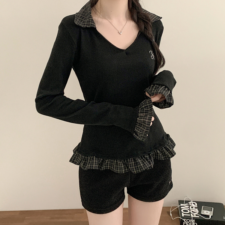 ストライプチェックシャツレイヤード長袖Tシャツ BLACK