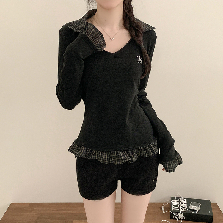 ストライプチェックシャツレイヤード長袖Tシャツ BLACK