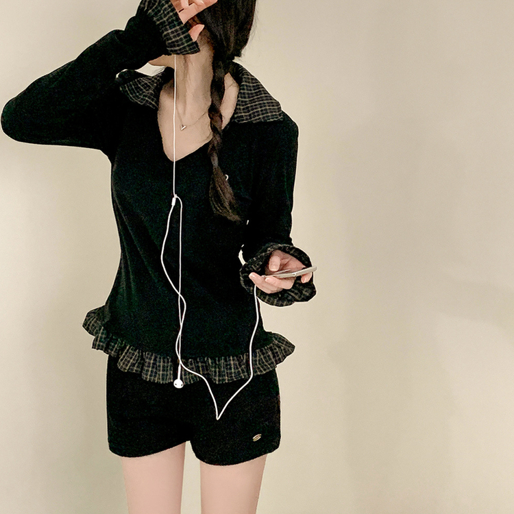 ストライプチェックシャツレイヤード長袖Tシャツ BLACK