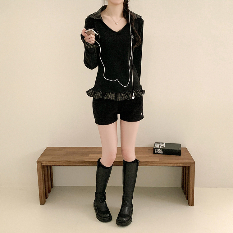 ストライプチェックシャツレイヤード長袖Tシャツ BLACK