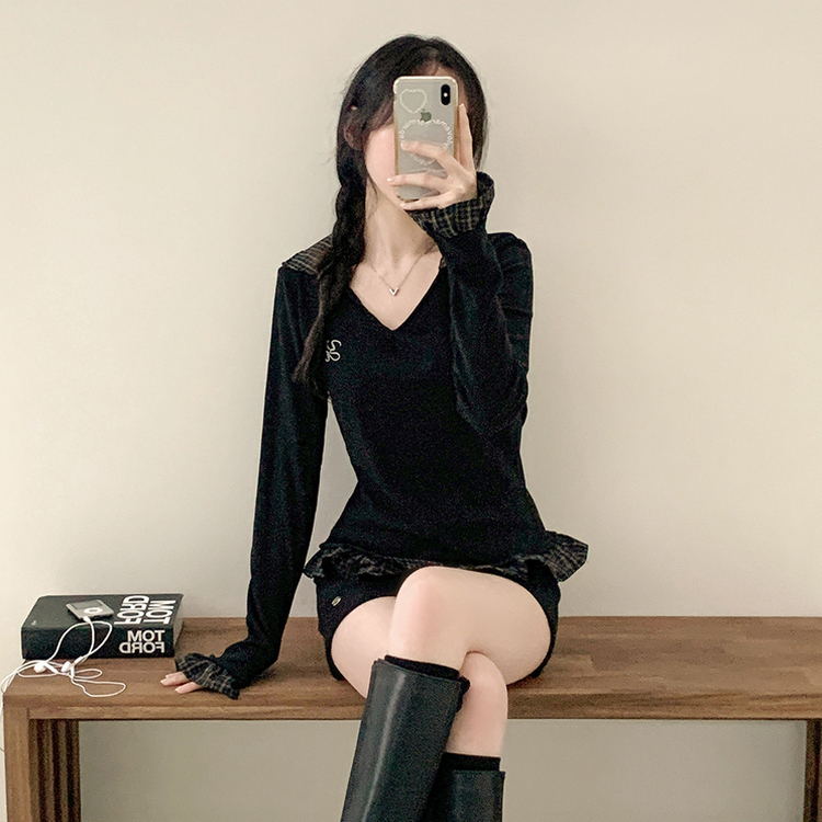 ストライプチェックシャツレイヤード長袖Tシャツ BLACK