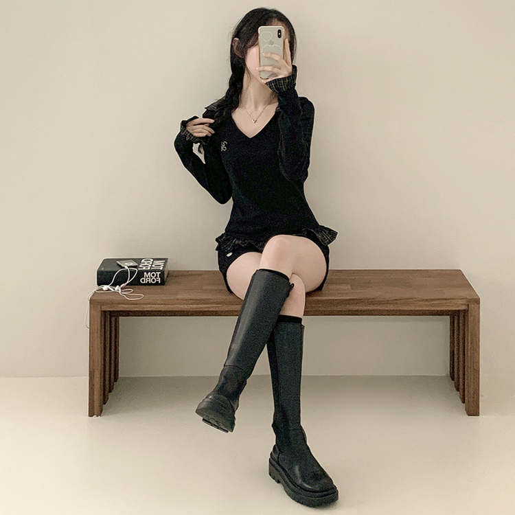 ストライプチェックシャツレイヤード長袖Tシャツ BLACK