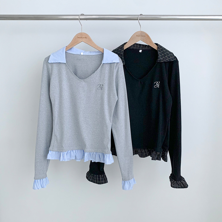 ストライプチェックシャツレイヤード長袖Tシャツ