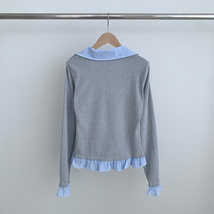 ストライプチェックシャツレイヤード長袖Tシャツ