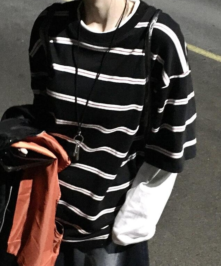 ストライプレイヤードTシャツ BLACK