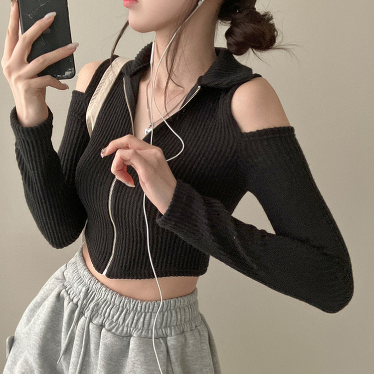 ショルダースリットクロップジップアップ BLACK