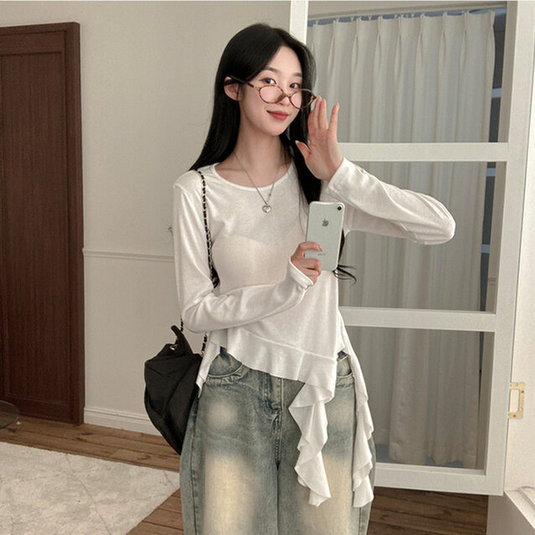 フリルアンバランステール長袖Tシャツ WHITE