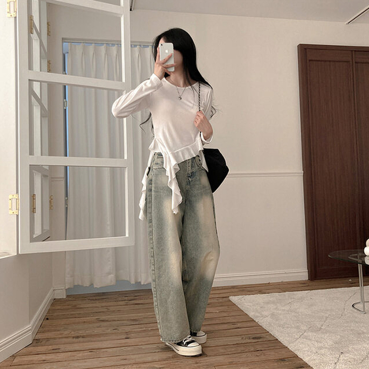 フリルアンバランステール長袖Tシャツ WHITE