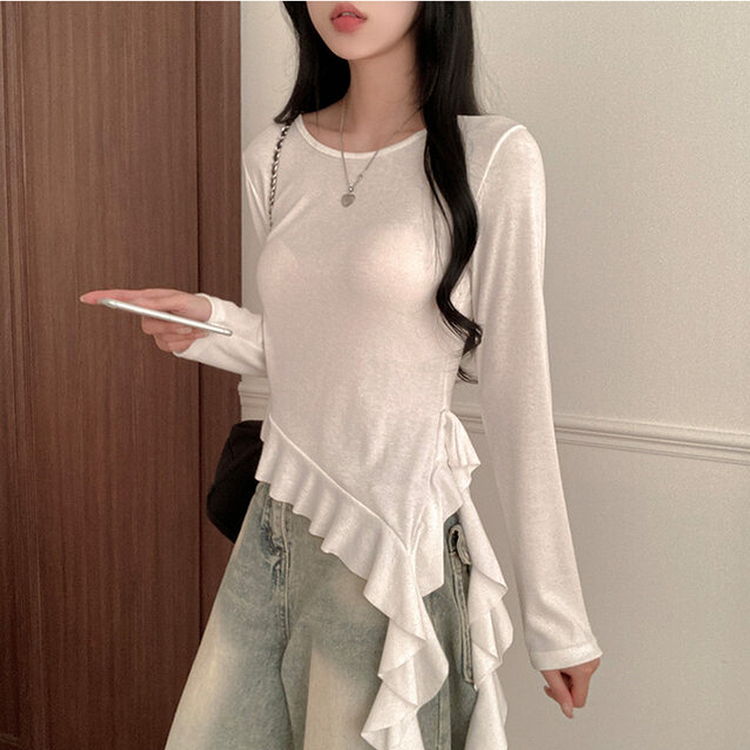 フリルアンバランステール長袖Tシャツ WHITE