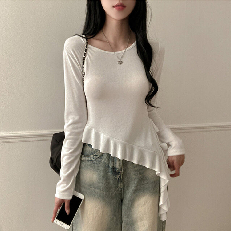 フリルアンバランステール長袖Tシャツ WHITE