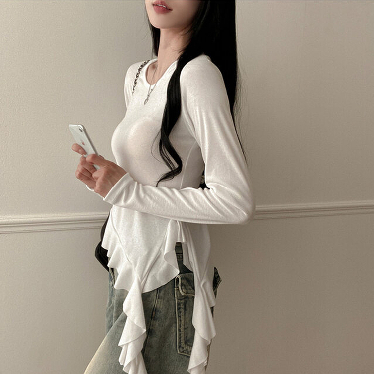 フリルアンバランステール長袖Tシャツ WHITE