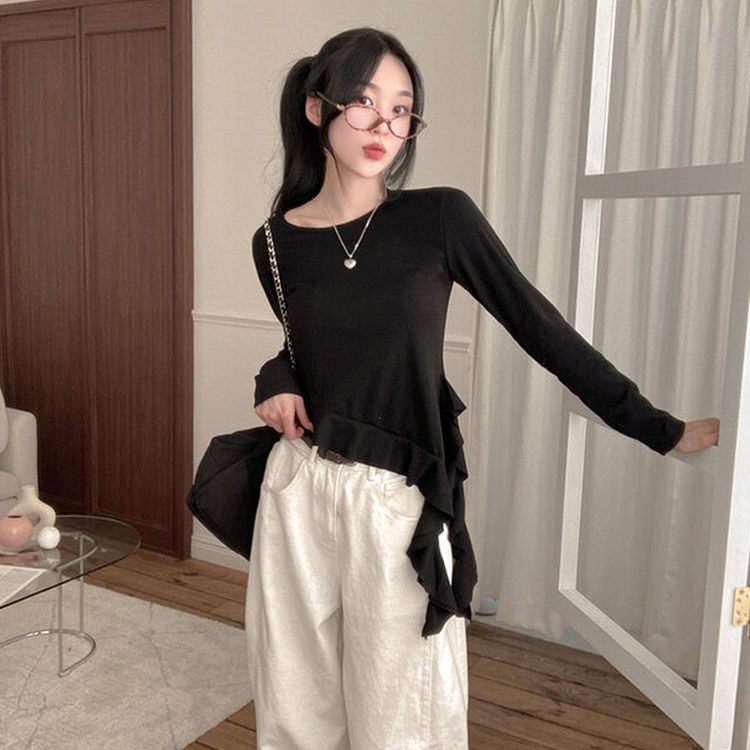 フリルアンバランステール長袖Tシャツ BLACK