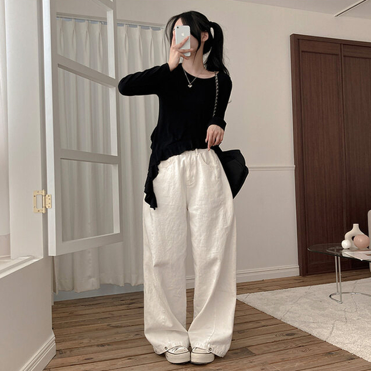 フリルアンバランステール長袖Tシャツ BLACK