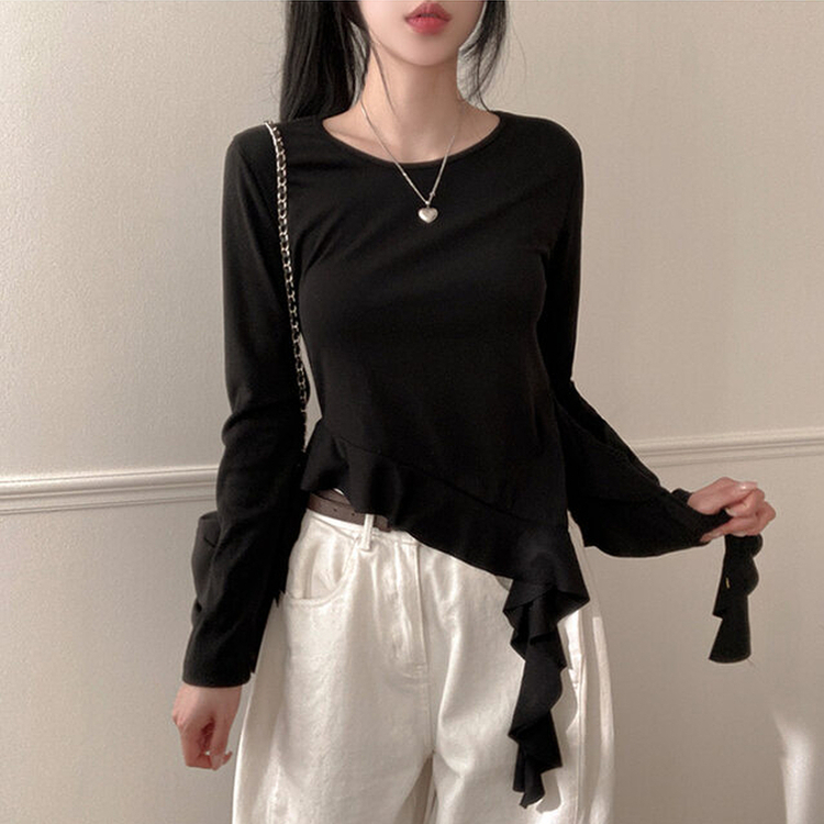 フリルアンバランステール長袖Tシャツ BLACK