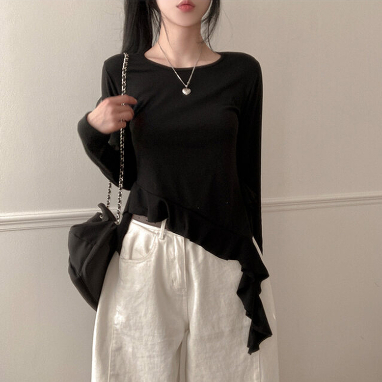 フリルアンバランステール長袖Tシャツ BLACK