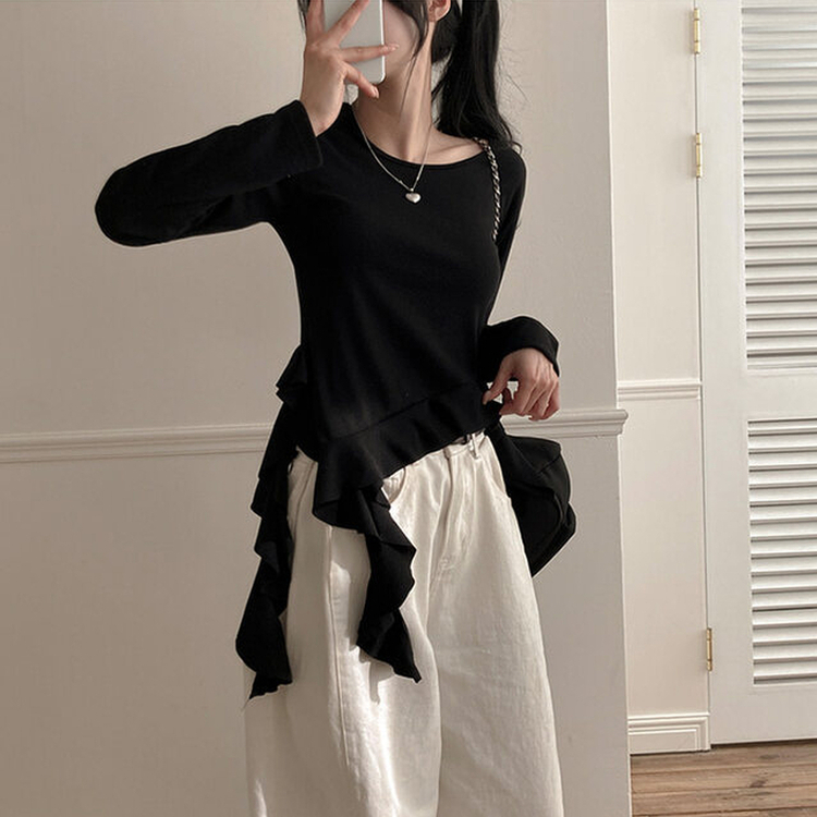 フリルアンバランステール長袖Tシャツ BLACK