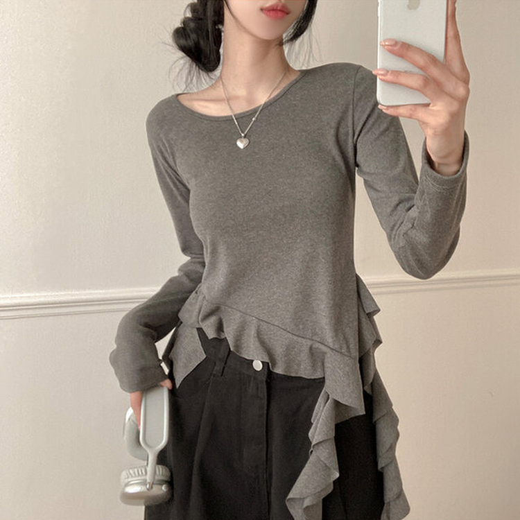 フリルアンバランステール長袖Tシャツ CHARCOAL