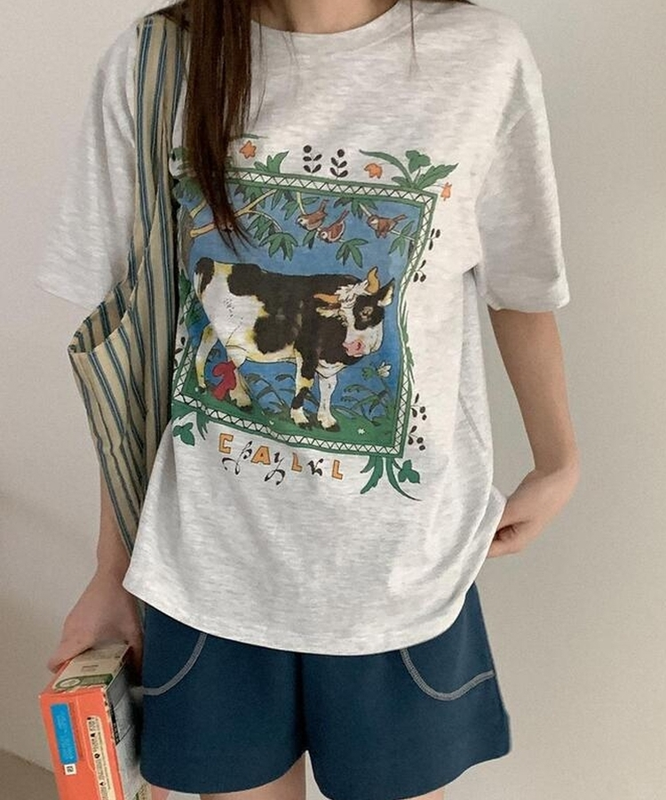 コットンプリンティング半袖Tシャツ MELANGE WHITE