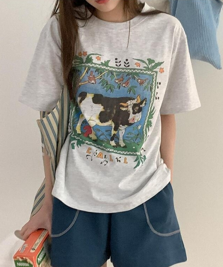 コットンプリンティング半袖Tシャツ MELANGE WHITE