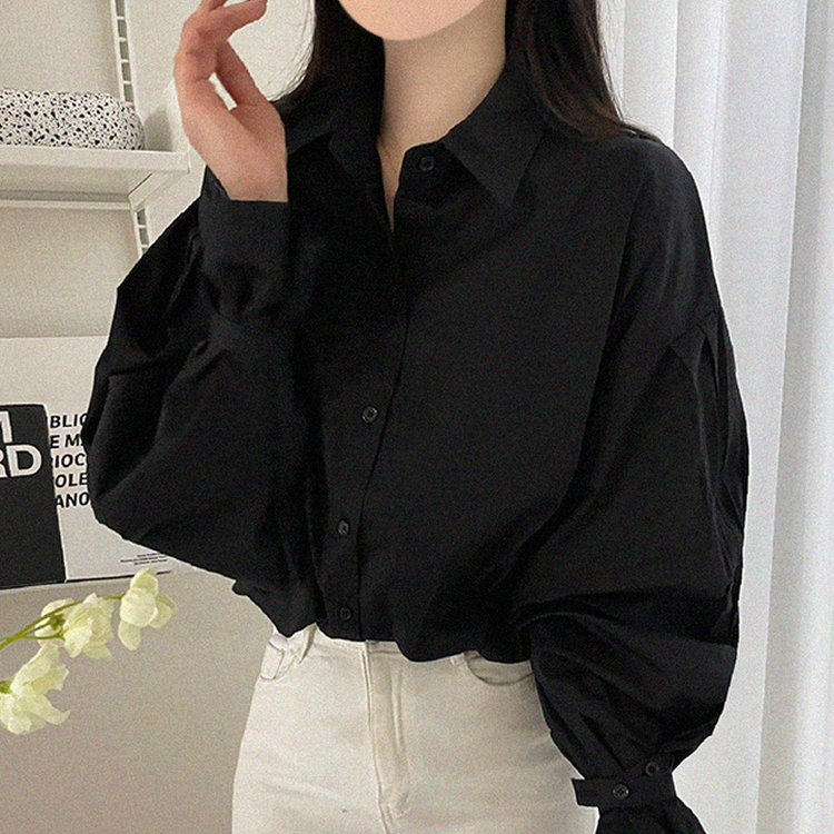 パフ袖ピンタックルーズシャツ BLACK