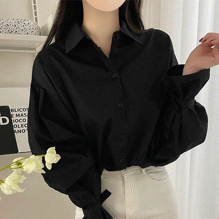 パフ袖ピンタックルーズシャツ BLACK